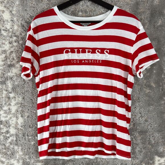 Guess Size S Spellout Striped Casual T Shirt Red White Short Sleeve Pullover - Picture 1 of 8